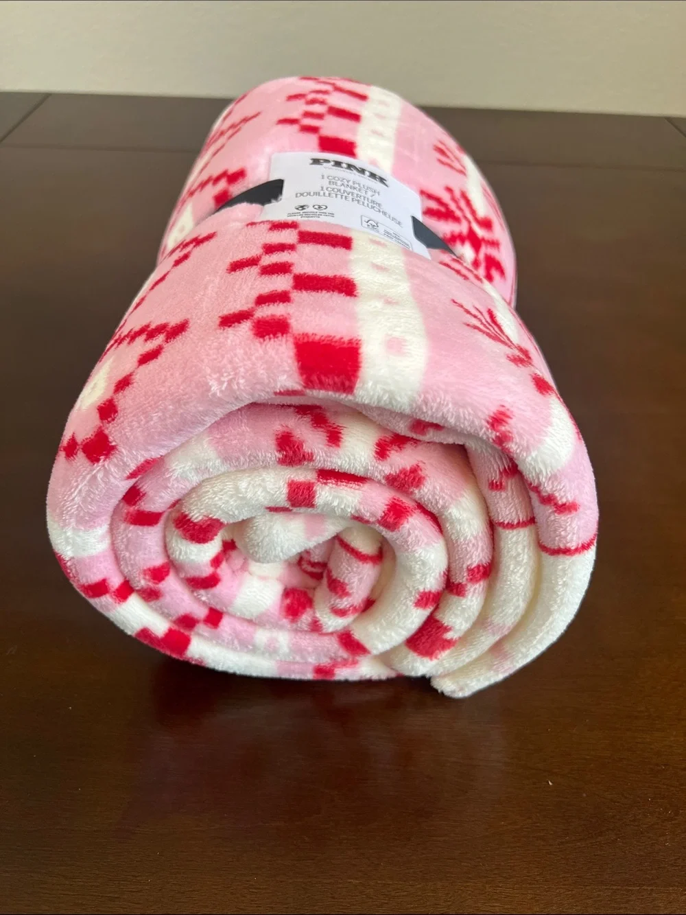 PINK Victoria's Secret Plush Blanket - Pink & Red Checker/Snowflake